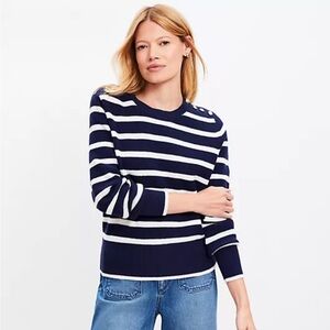 Ann Taylor Navy Blue and White Striped Knit Crew Neck Sweater Sz M